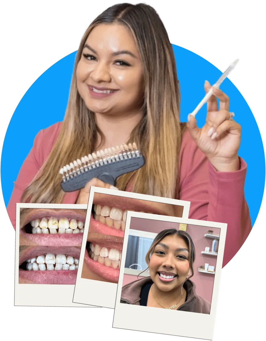 Nanci holding a shade guide alongside before-and-after polaroids of real Born2Shine clients